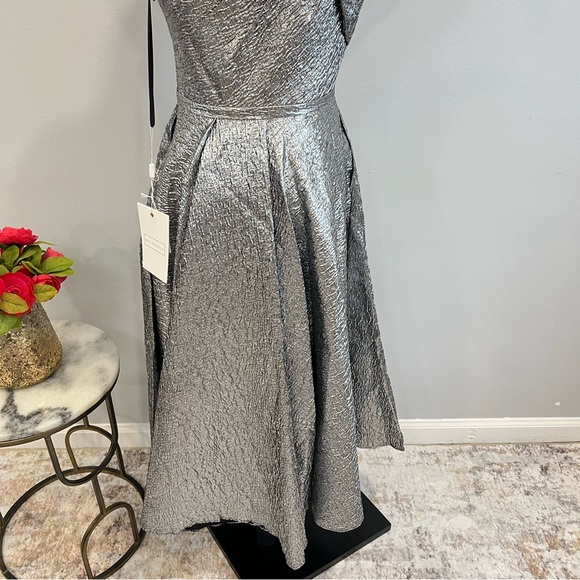 Mac Duggal Metallic Silver Brocade One Shoulder Bow Tea Length Dress - Reemoly